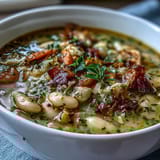 A steaming bowl of White Bean and Ham Hock Soup, rich with tender beans and smoky ham, garnished with fresh parsley.  