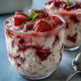 Vibrant overnight oats with fresh strawberries, lemon zest, and poppy seeds for a refreshing breakfast.  