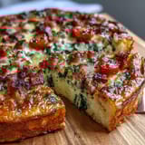 One-Pan Ham and Swiss Frittata with golden, fluffy eggs, savory ham, and melted Swiss cheese baked to perfection.