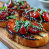 Grilled sourdough topped with vibrant strawberries, basil, and sweet balsamic glaze.