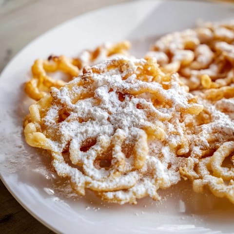 Warm, freshly fried funnel cakes with a delightful, airy texture, perfect for dessert lovers.