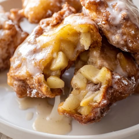 Freshly fried Apple Fritters, featuring tender apple pieces inside a fluffy, cinnamon-spiced batter, ready to eat.