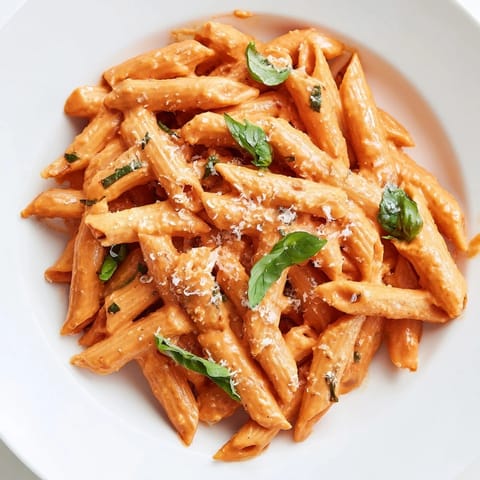 Savory roasted red pepper pasta garnished with torn basil leaves and extra grated cheese, served warm.  