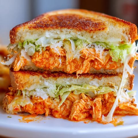 Buffalo Chicken Caesar Grilled Cheese sandwich sliced to reveal layers of tangy chicken, romaine, and gooey cheese.  