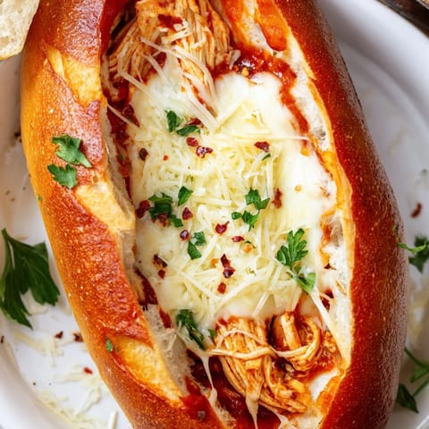 Golden Garlic Bread boats filled with marinara chicken, topped with bubbly mozzarella and Parmesan.
