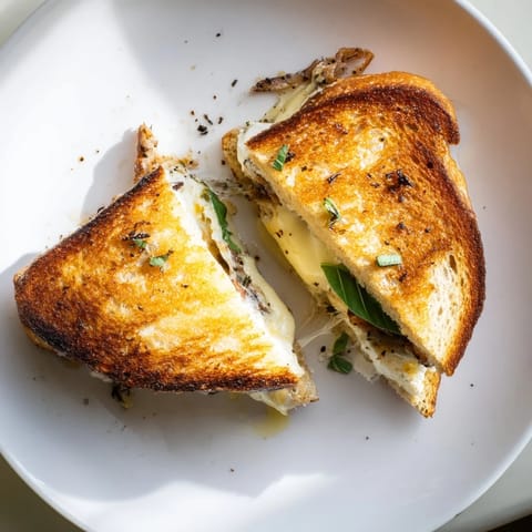 Two halves of Crispy Prosciutto & Burrata Grilled Cheese on a white plate, garnished with fresh basil.