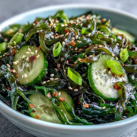 Bright green wakame seaweed salad tossed with crisp cucumber and carrot, drizzled with a tangy sesame-ginger dressing in a white bowl.  