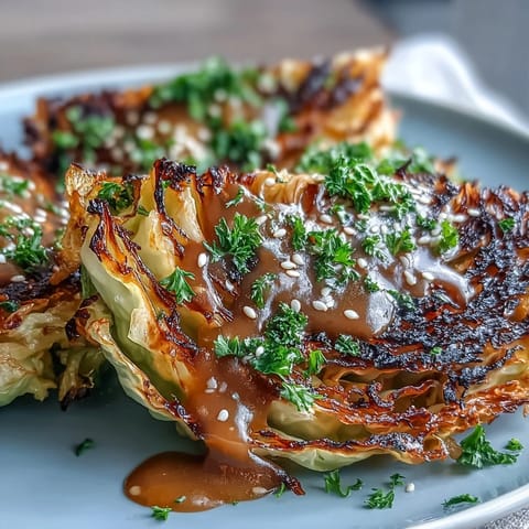 Roasted cabbage steaks with tahini drizzle, toasted sesame seeds, and lemon wedges for brightness.