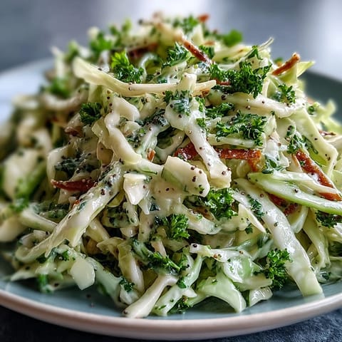 Freshly tossed Green Cabbage and Apple Slaw in a tangy apple cider vinegar dressing, served in a rustic white bowl with a fork.