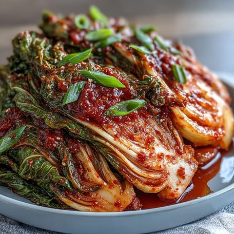Homemade vegan kimchi fermenting in a jar, with vibrant orange-red chili coating crunchy napa cabbage and daikon.  