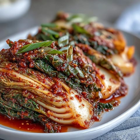 Freshly made kimchi with bright red gochugaru paste coating crisp napa cabbage and julienned daikon radish in a glass jar.  