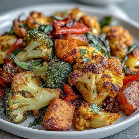 Freshly roasted Anti-Inflammatory Turmeric Roasted Vegetables garnished with cilantro and lemon juice, offering a warm, aromatic, and colorful wellness-boosting meal idea.