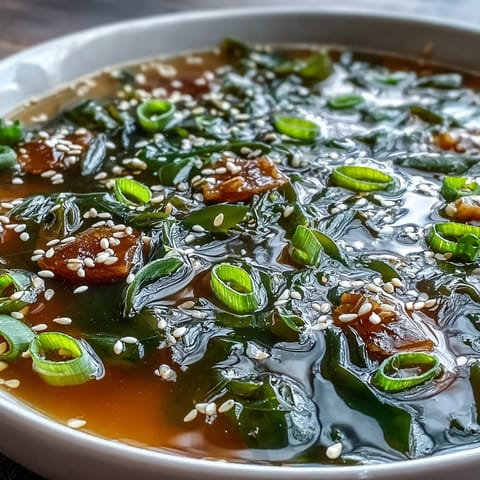 Homemade Japanese Wakame Soup with silken tofu cubes and green scallions in a clear dashi broth.