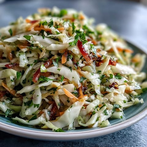 A vibrant bowl of Sauerkraut Slaw with crisp cabbage, shredded carrots, and red bell peppers tossed in a light vinaigrette.