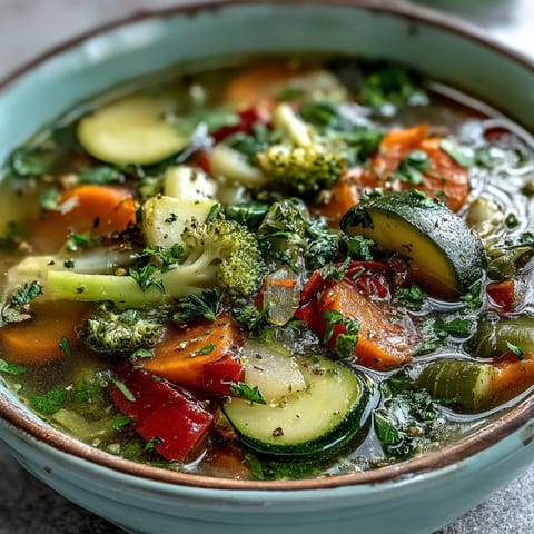 Close-up of vibrant Ginger Vegetable Soup, featuring tender vegetables like red bell pepper and celery simmered in a savory ginger broth.