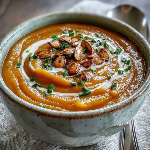 Silky-smooth acorn squash soup garnished with toasted pumpkin seeds and fresh chives in a rustic bowl.  