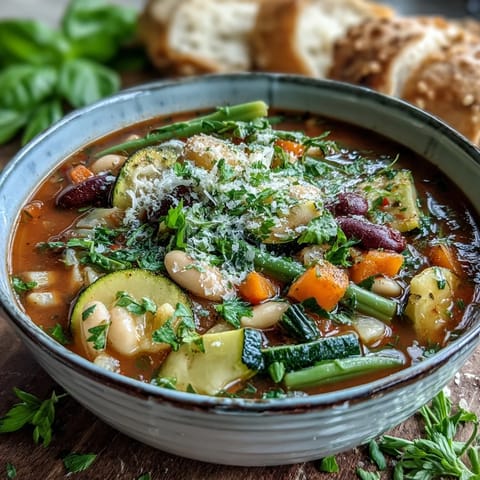 Colorful Vegetable Minestrone soup simmering in a pot, featuring carrots, kale, and creamy white beans for a comforting meal.