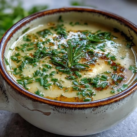 Thick Roasted Garlic and Herb Soup with a smooth golden texture, served hot in a rustic bowl alongside crunchy bread.