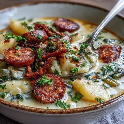 Hearty potato, leek and chorizo soup simmering in a pot with smoked paprika, leeks, and diced chorizo.