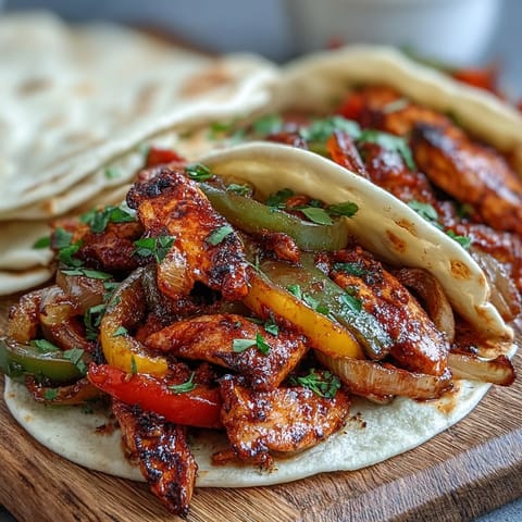Colorful Easy Chicken Fajitas loaded with tender meat, bright veggies, and fresh cilantro on a plate