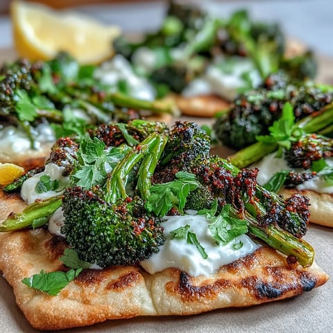 Harissa broccoli and flatbreads served with lemon wedges, ready to squeeze over the colorful main dish.