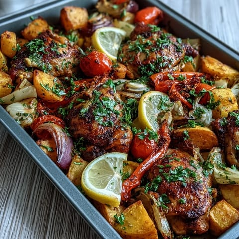 Juicy piri-piri chicken thighs nestled with roasted sweet potato wedges and bell peppers on a traybake.