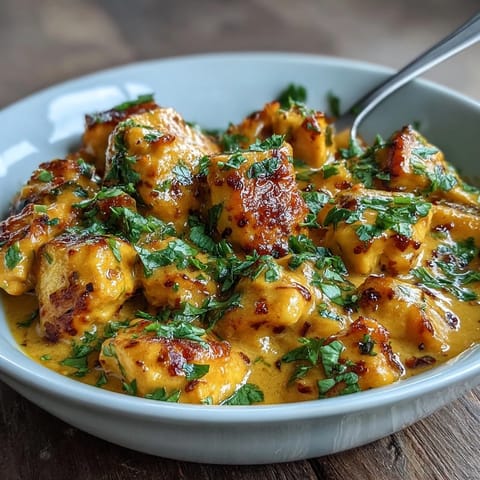 Creamy, golden-brown Easy Chicken Curry simmering in a skillet with aromatic spices and chopped tomatoes.