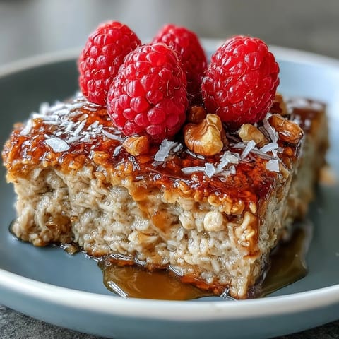 A close-up view shows Baked Oatmeal with Raspberry and Coconut, highlighting toasted coconut flakes and juicy ruby-red raspberries.