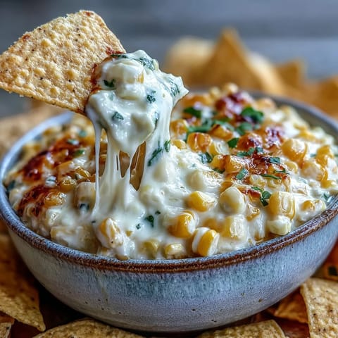 Creamy Crack Corn Dip baked golden and bubbly, studded with spicy jalapeños and cheddar, served with tortilla chips.