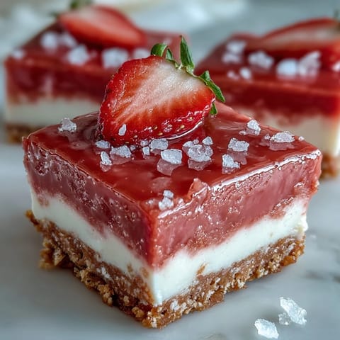 No-Bake Strawberry Fudge Squares sit on a chilled graham cracker crust, topped with fresh strawberry slices for a sweet bite.