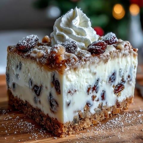 Slices of Christmas Cheesecake Slab on a plate with cranberries and spiced tea nearby.