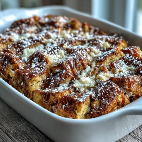 Layers of cinnamon-vanilla soaked bread, savory ham, turkey, and Swiss cheese in a baked Monte Cristo Breakfast Casserole.