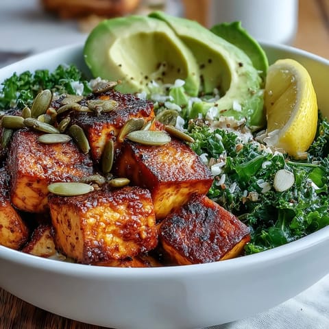 Golden tofu cubes sautéed with turmeric and paprika alongside wilted kale in this vibrant Tofu Breakfast Bowl.  