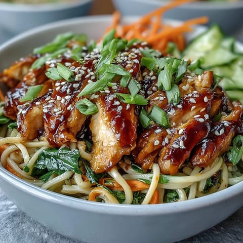 A close-up of a finished Asian Chicken Noodle Bowl garnished with cilantro and sesame seeds, showcasing the savory-sweet sauce and colorful vegetables.
