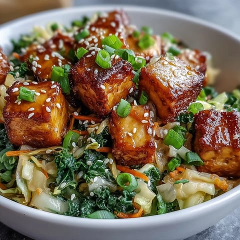 Crispy golden tofu and colorful vegetables in Tofu Egg Roll in a Bowl, served hot in a white bowl.