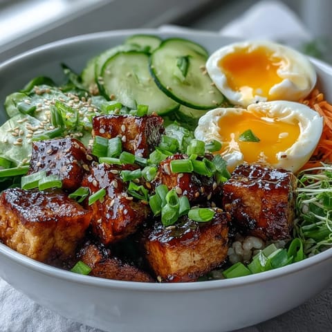 Close-up of a Tofu Jammy Egg Breakfast Bowl featuring golden tofu, vibrant julienned carrots, cucumber slices, and glossy ginger scallion sauce over steamed rice.