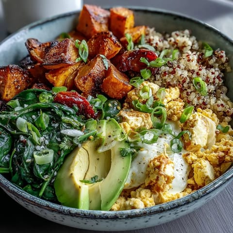 Golden roasted sweet potatoes and fluffy quinoa topped with savory turmeric tofu scramble and fresh avocado slices.