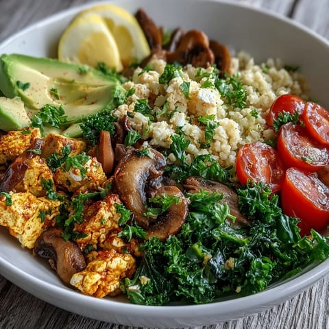 A close-up of a vibrant Scrambled Tofu Breakfast Bowl featuring golden tofu, sautéed mushrooms, and bright green kale over fluffy couscous, garnished with avocado slices and cherry tomatoes.