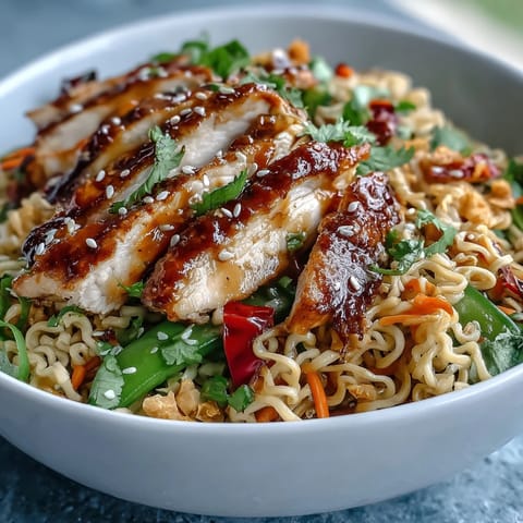 Savory sesame chicken noodle bowl garnished with cilantro, lime, and crisp vegetables.