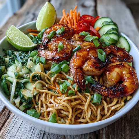 Freshly grilled shrimp glisten atop a vibrant 15-Minute Asian Noodle Bowl, garnished with crunchy cucumber ribbons and cilantro.
