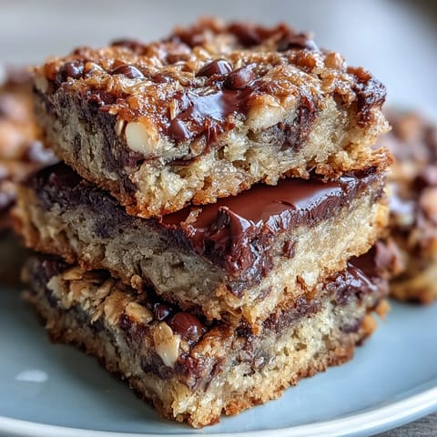 Freshly sliced Baked Oatmeal Bars reveal a soft, chewy texture with mashed banana and a drizzle of maple syrup. 