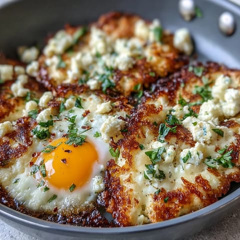 Golden feta nests hold soft sunny side up Crispy Feta Fried Eggs on rustic bread with herbs.
