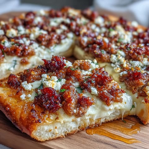A close-up slice of Hot Sausage Feta Honey Pizza revealing melted mozzarella and a vibrant parsley garnish, perfect for a game day spread.