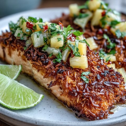 Coconut Crusted Salmon topped with vibrant pineapple salsa and cilantro, ready to serve.