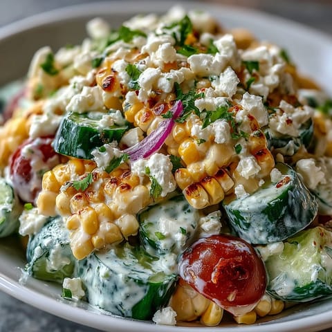 Fresh grilled corn, diced cucumbers, and tomatoes topped with creamy feta in the Street Corn Creamy Cucumber Salad. 
