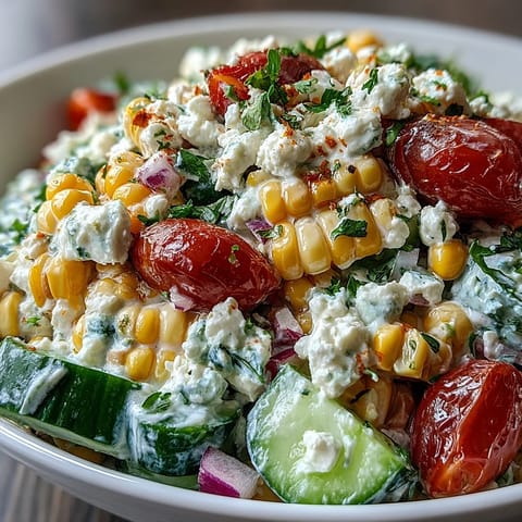A chilled bowl of Street Corn Creamy Cucumber Salad featuring a zesty lime and chili powder dressing. 
