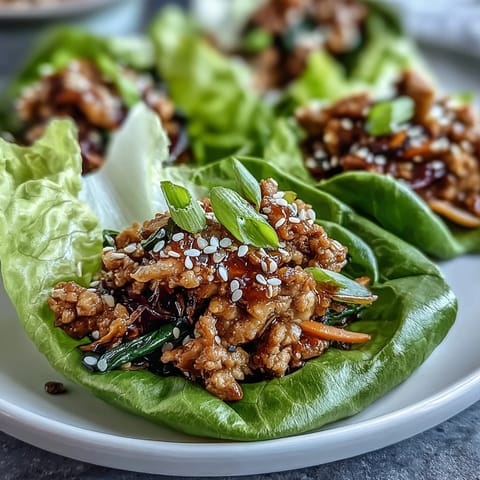 Freshly cooked turkey potsticker stir-fry filling with carrots, mushrooms, and cabbage in butter lettuce cups, topped with sesame seeds.