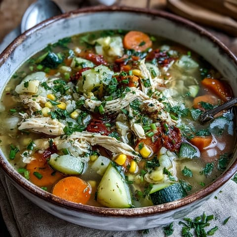 Steamy ladle of Ranch Chicken Veggie Soup pours into a rustic bowl, showcasing vibrant carrots, zucchini, and red bell pepper.