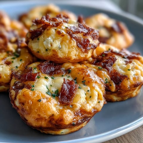 Golden-brown Ranch Bacon Breakfast Egg Bites rest on a plate, showcasing fluffy eggs, melted cheddar, and crispy bacon pieces.