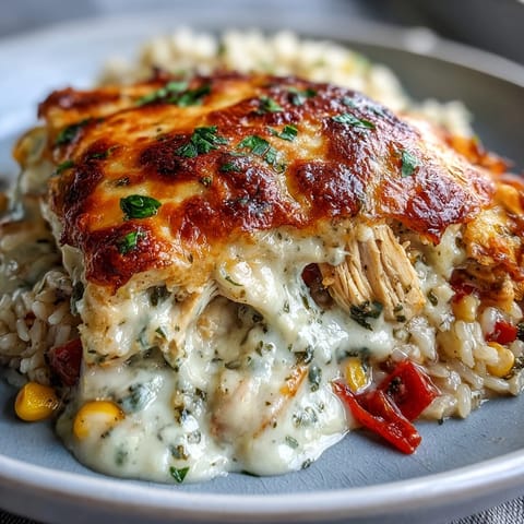Tender chicken and fluffy rice mingle in a savory garlic Parmesan sauce speckled with red bell pepper.